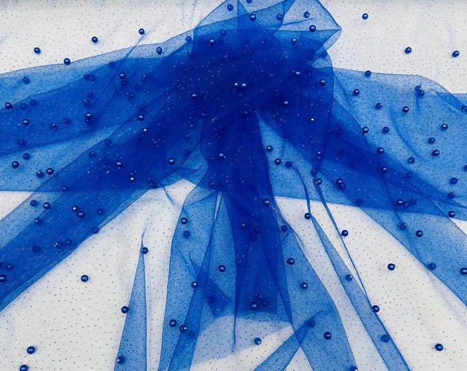 Royal Blue Pearl Glitter Studded Mesh, 2-Way Stretch Shimmer Mesh Fabric, Sold by the yard.