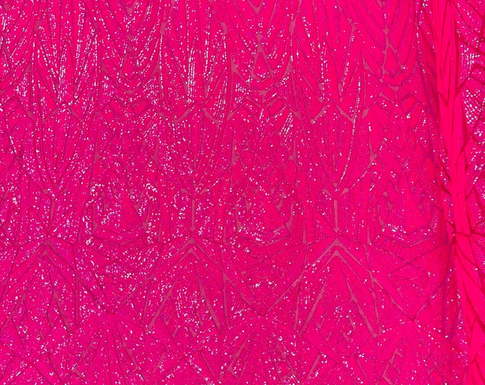 Neon Hot Pink iridescent Geometric shiny sequin design on a 4 way stretch mesh-sold by the yard.