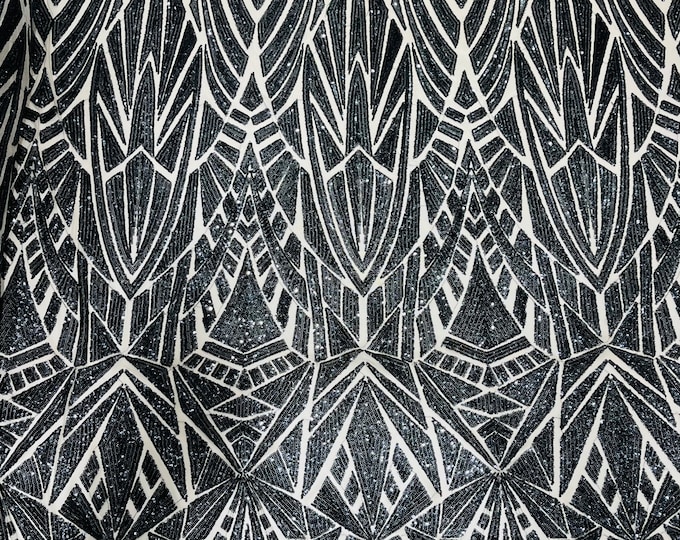 Black Geometric shiny sequin design on a Nude 4 way stretch mesh-sold by the yard.