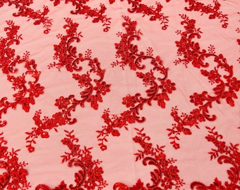 Red flower lace corded and embroider with sequins on a mesh-Sold by the yard.