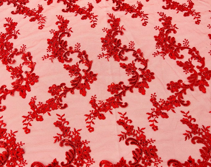 Red flower lace corded and embroider with sequins on a mesh-Sold by the yard.