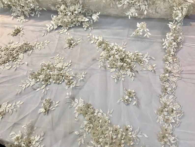 Ivory 3d floral design embroidery and beaded with rhinestones on a mesh lace-prom-nightgown-sold by the yard-free shipping in the USA