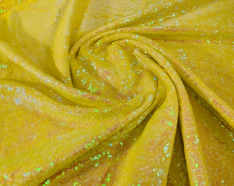 Yellow iridescent mermaid fish scales-mini glitz sequins embroider on a 2 way stretch mesh fabric-sold by the yard-