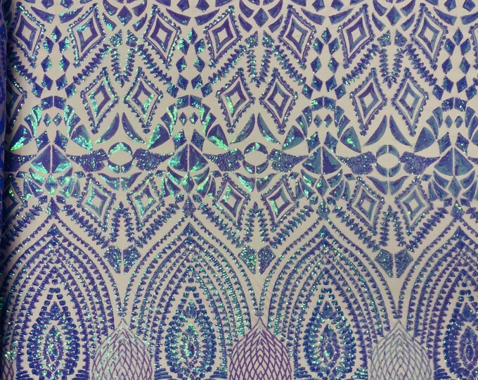 Lavender iridescent diamond design with sequins on a 4 way stretch mesh-prom-nightgown-sold by the yard-free shipping in the USA.
