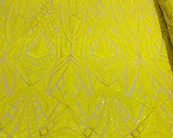 Yellow Geometric shiny sequin design on a Nude 4 way stretch mesh-sold by the yard.