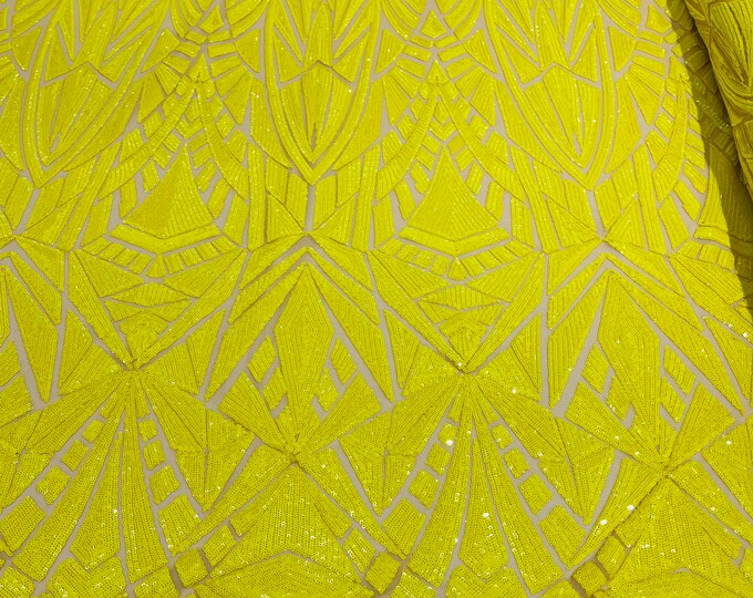 Yellow Geometric shiny sequin design on a Nude 4 way stretch mesh-sold by the yard.