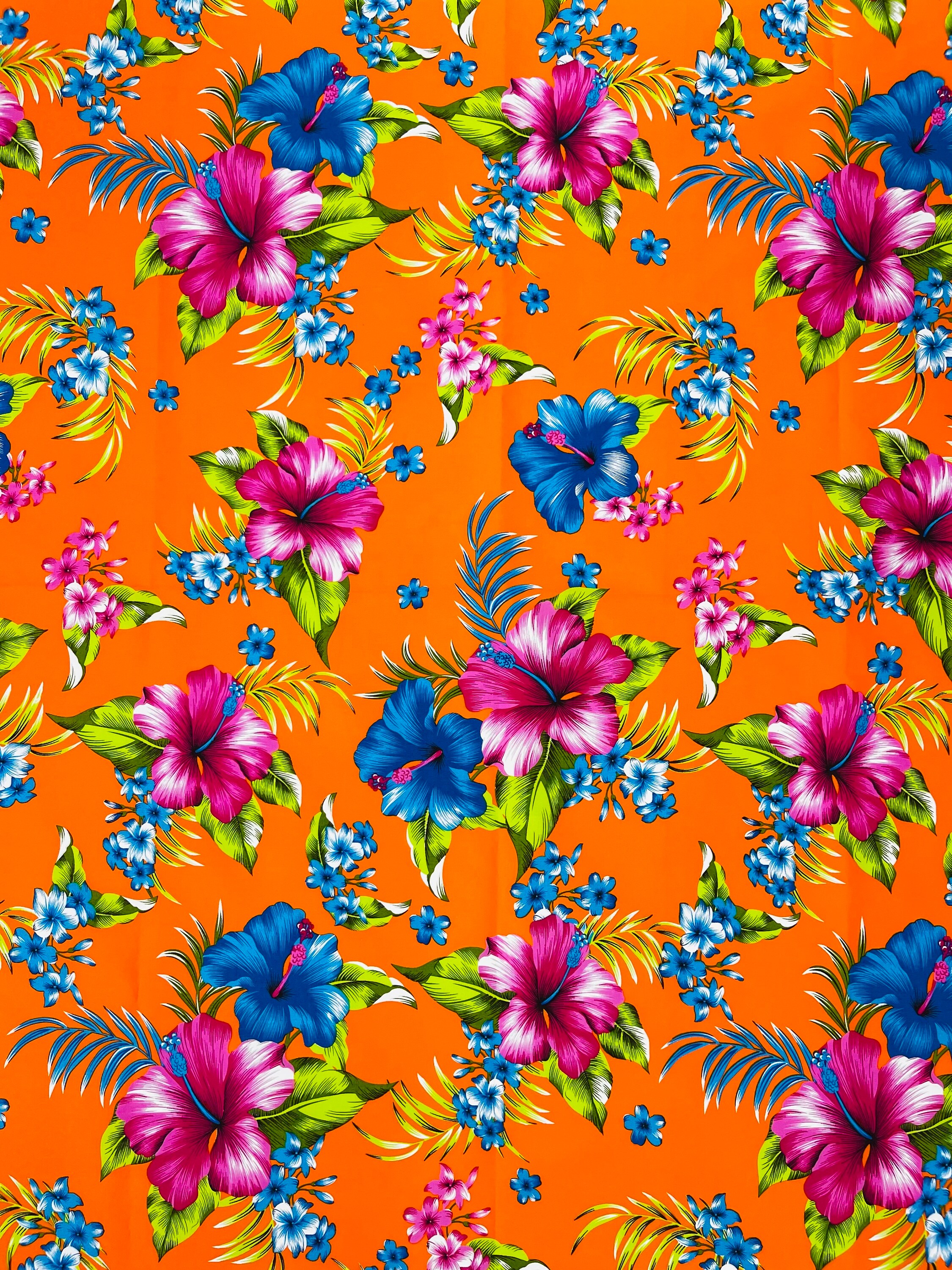 Orange Multi Color Hawaiian Hibiscus Floral Fabric/ 100% Cotton
