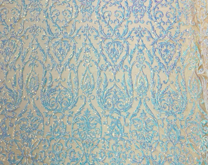 Aqua Blue Iridescent King Damask sequin design on a Nude 4 way stretch mesh fabric-prom-sold by the yard.