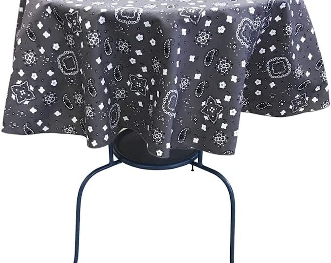 New Creations Fabric & Foam Inc, Round Print Poly Cotton Tablecloth (Bandanna Gray Choose Size Below