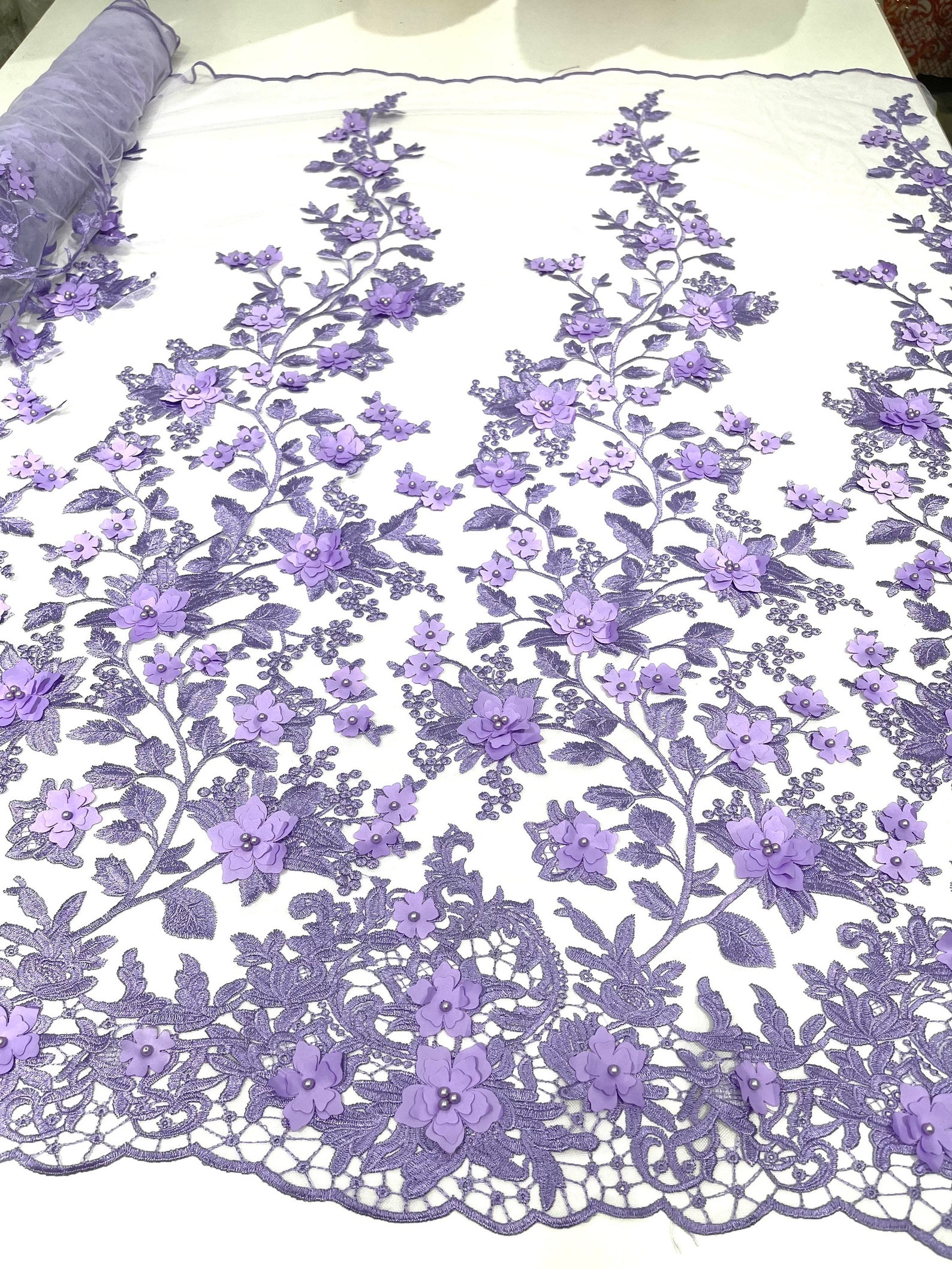 Emily 3-D Floral Design Embroider with Pearls On A Mesh Lace Fabric (1 Yard, Light Blue) main image 1