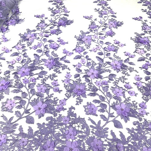 3D Multi Color Chiffon Flowers Embroidery With Pearls Chevron Design on a Mesh Lace-Dresses-Prom-Nightgown-Sold by Yard. Lilac main image 0