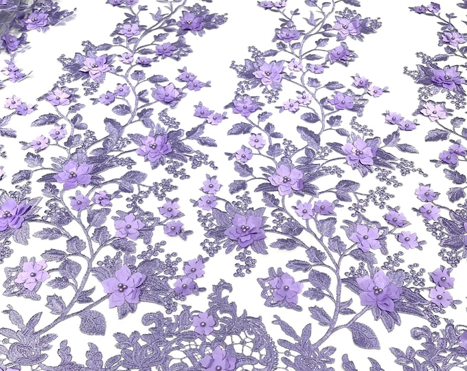 Lilac 3d floral design embroidery with pearls on a mesh lace-dresses-apparel-prom-nightgown-sold by the yard.