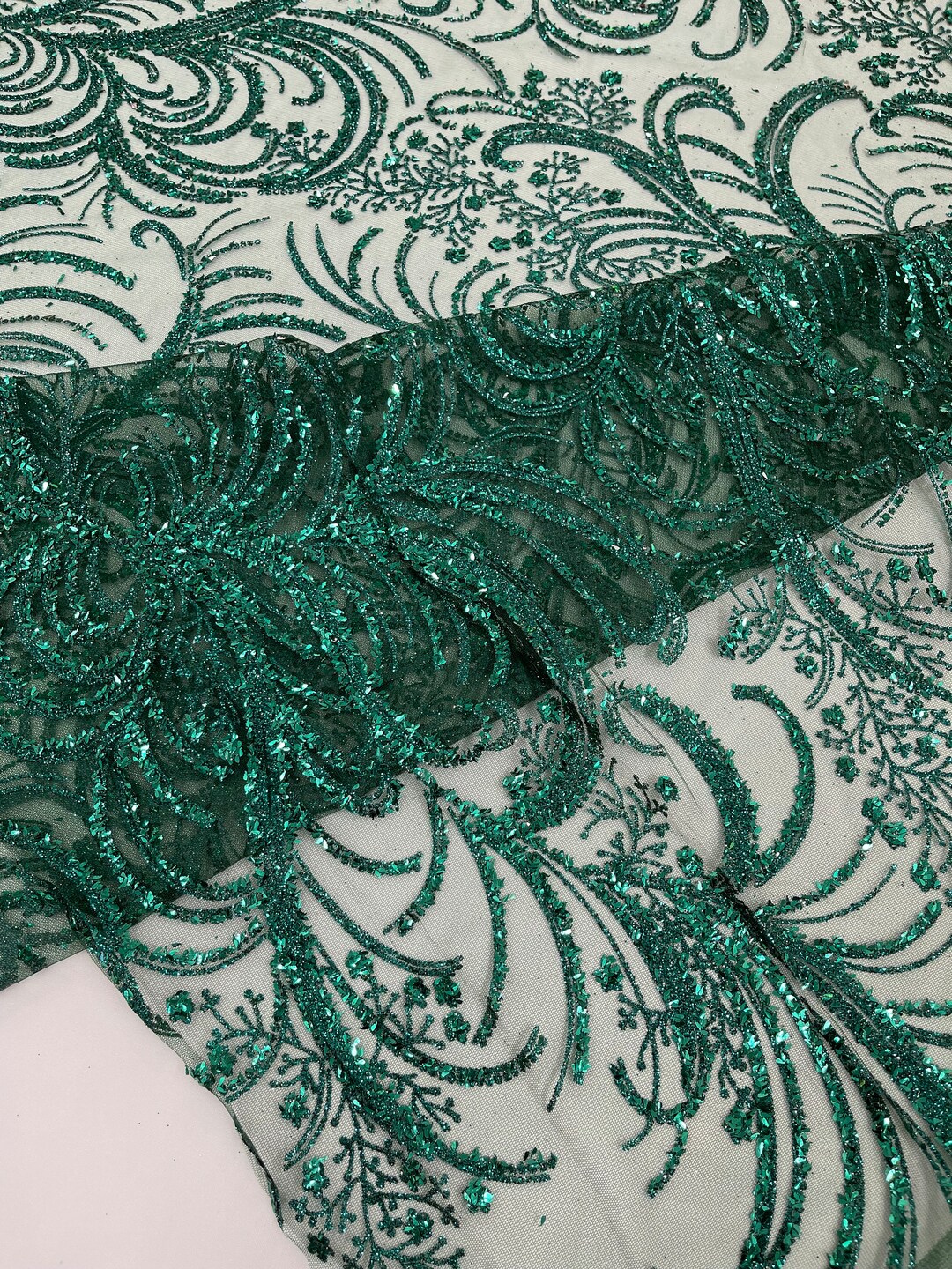 Hunter Green Palm Glitter Vine Design on A Mesh Lace Fabric 58"' Wide ...