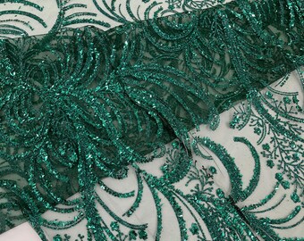 Hunter Green Palm Glitter Vine Design On A Mesh Lace Fabric 58"' Wide Prom.
