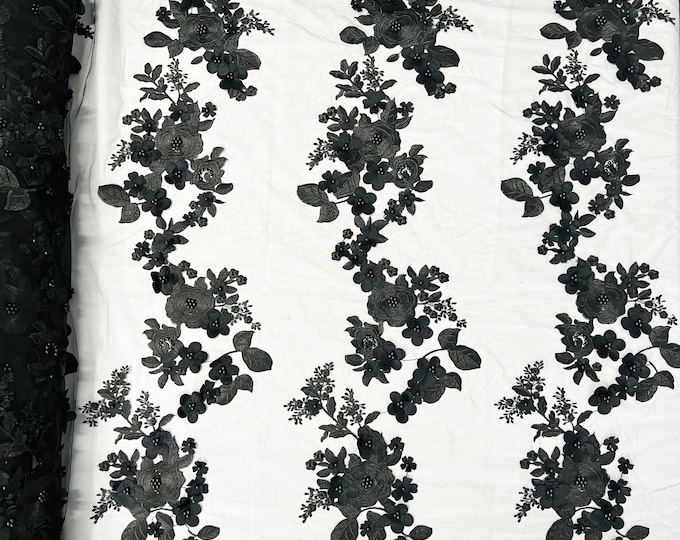 Black Diana 3d floral design embroider with pearls in a mesh lace-sold by the yard.