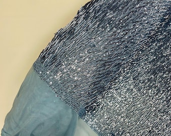 Baby Blue-Vegas Beaded Sequin Stretch Mesh Fabric, Embroidered Design for Prom Gown, by The Yard