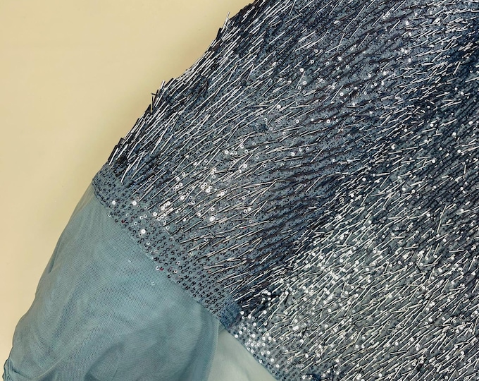 Baby Blue-Vegas Beaded Sequin Stretch Mesh Fabric, Embroidered Design for Prom Gown, by The Yard