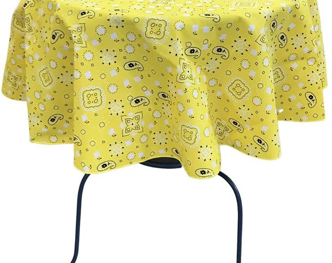 New Creations Fabric & Foam Inc, Round Print Poly Cotton Tablecloth (Bandanna Yellow , Choose Size Below