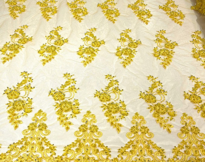 Yellow elegant hand beaded flower design embroider on a mesh lace-prom-sold by the yard.