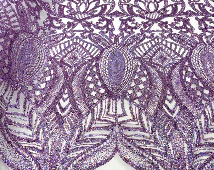 Lavender iridescent royalty sequin design on a pink 4 way stretch mesh-prom-sold by the yard.