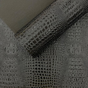 Panther Black Glossy Two Tone Gator Fake Leather Upholstery, 3D Crocodile Skin Texture Faux Leather PVC Vinyl, 54&quot; Wide