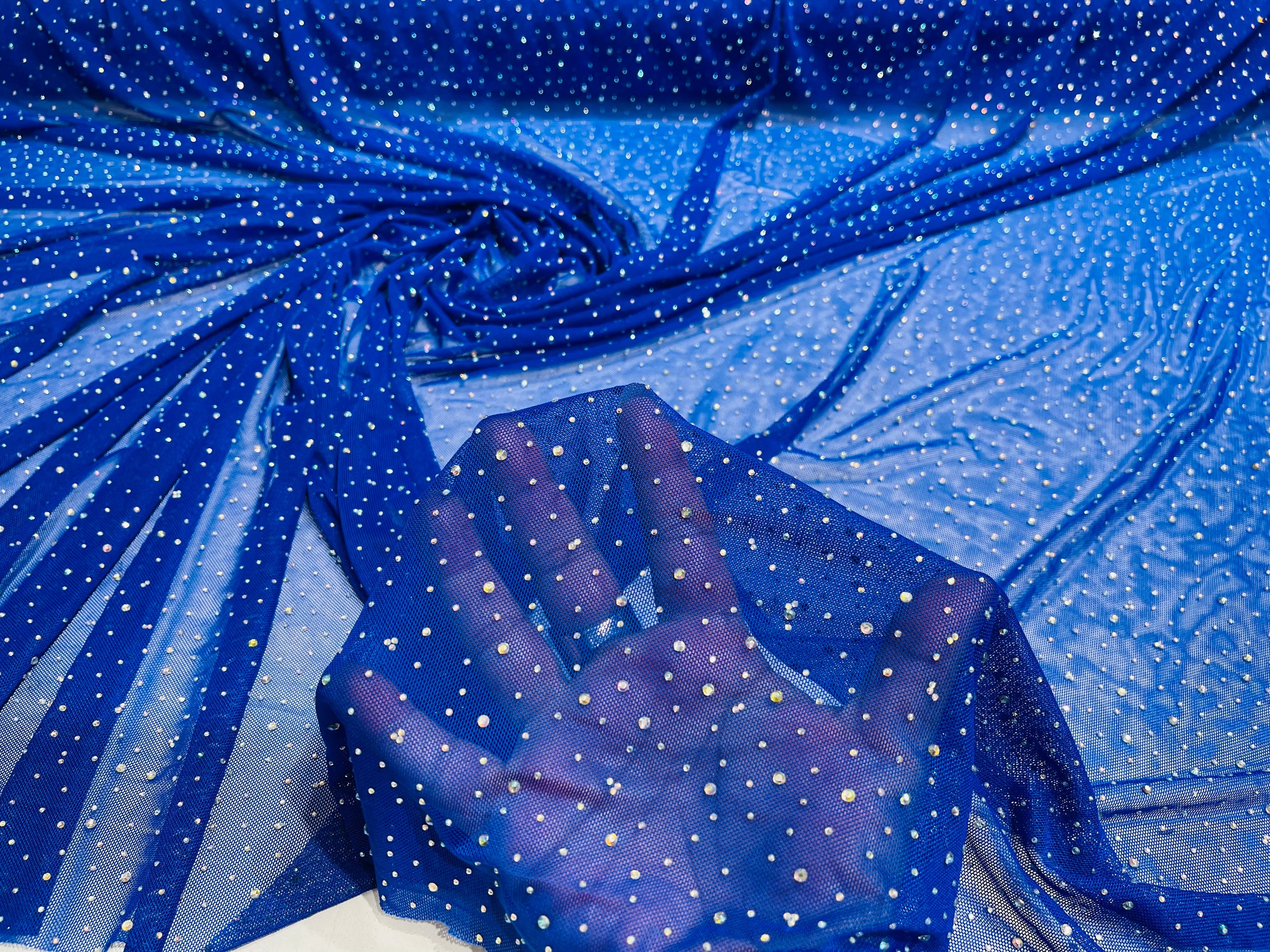 54 W Standard Royal Navy Blue Glitter Sparkle Stretch Tulle Fabric Price  per Yard 2-way Stretch 