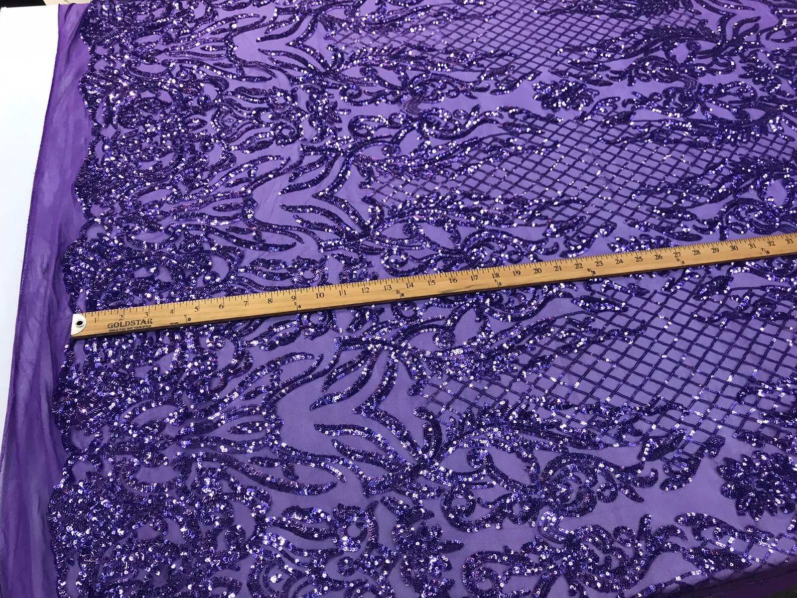 LAVENDER SHINY SEQUIN DAMASK DESIGN EMBROIDERY ON A 4 WAY STRETCH MESH-1 YARD. main image 0
