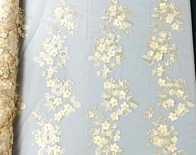 Champagne Diana 3d floral design embroider with pearls in a mesh lace-sold by the yard.