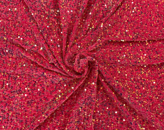 Clear Iridescent economic all over shiny sequins on a 2 way stretch Fuchsia velvet , sold by the yard.