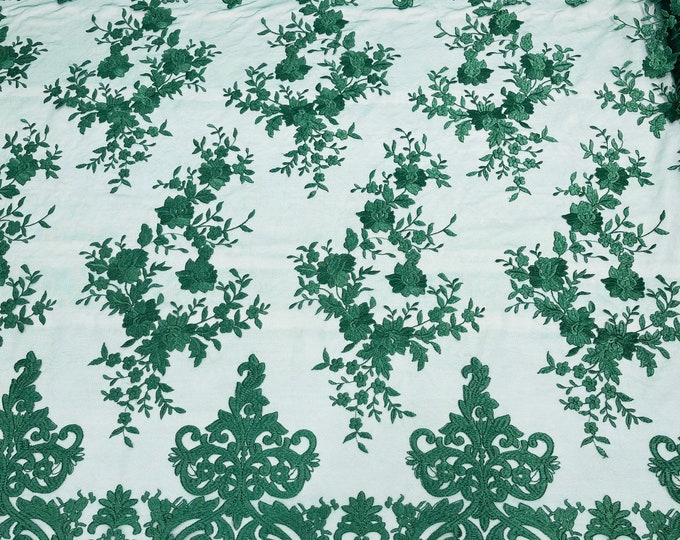 Hunter Green flowers flat lace embroider on a 2 way stretch mesh sold by the yard.