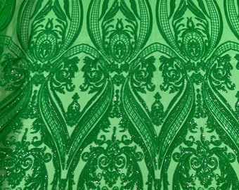 Green empire damask design with shiny sequins embroider on a 4 way stretch mesh fabric-sold by the yard.