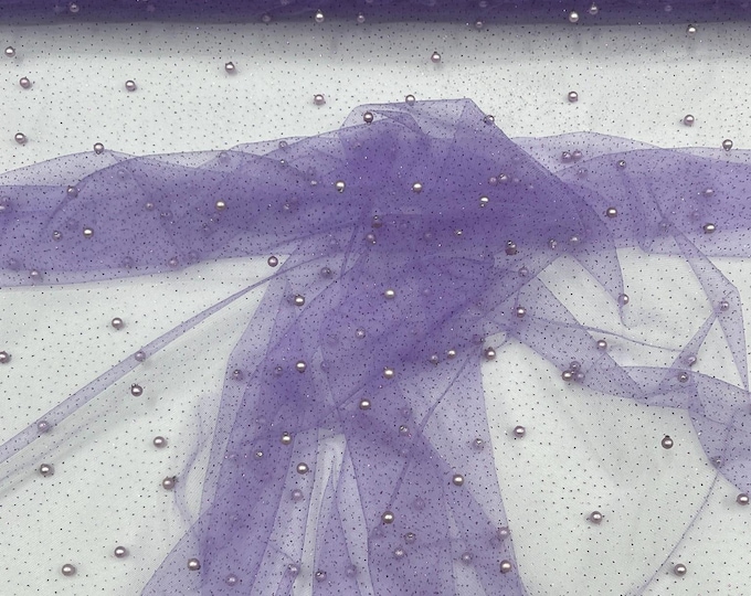 Lavender Pearl Glitter Studded Mesh, 2-Way Stretch Shimmer Mesh Fabric, Sold by the yard.