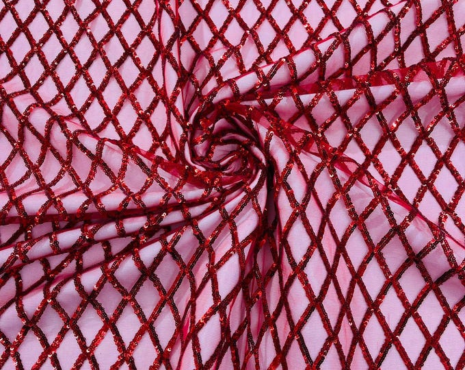 Luxury Diamond Design Mini Glitz Sequins On A Mesh Fabric/Prom/Wedding/Party Supply. Red