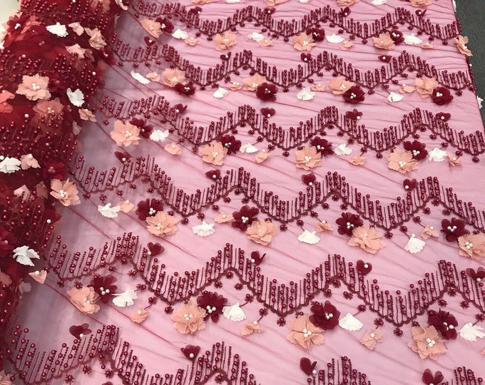 Burgundy 3d multi color chiffon flowers embroidery with pearls chevron design on a mesh-dresses-prom-nightgown-sold by yard-free shipping.