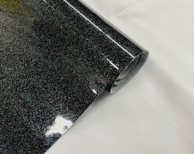 Black 53/54" Wide Shiny Sparkle Glitter Vinyl, Faux Leather PVC-Upholstery Craft Fabric Sold by The Yard.