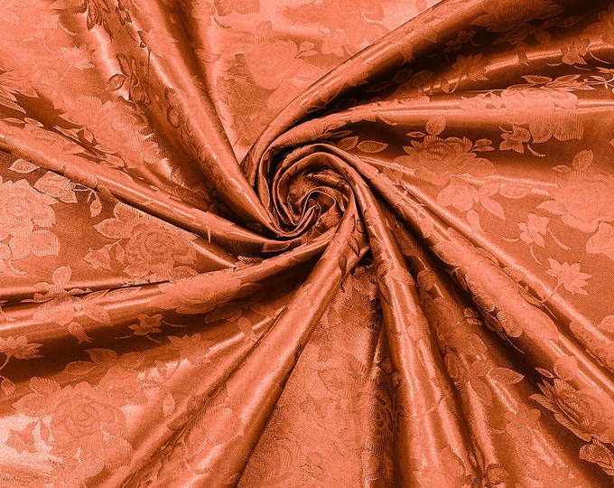 Burnt Orange 60" Wide Polyester Big Roses/Flowers Brocade Jacquard Satin Fabric/Cosplay Costumes, Skirts, Table Linen/Sold By The Yard.