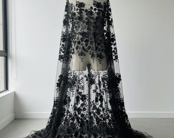 3D Embroidered Black Orquidia Floral Mesh Lace Fabric with Pearls