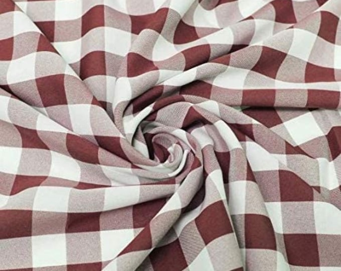 Burgundy & White, 60" Wide 100% Polyester 1" Poplin Gingham Checkered Plaid Fabric.