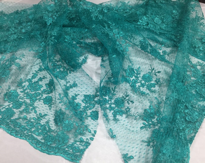 Sensational teal flowers Embroider And Corded On a Polkadot Mesh Lace -yard