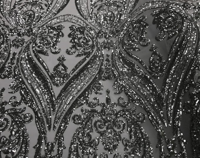 Silver empire design embroider with sequins on a 2 way stretch white mesh-wedding-bridal-prom-nightgown-sold by the yard.