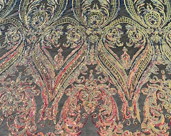 Rainbow iridescent empire damask design with sequins embroider on a Black 4 way stretch mesh fabric-sold by the yard.