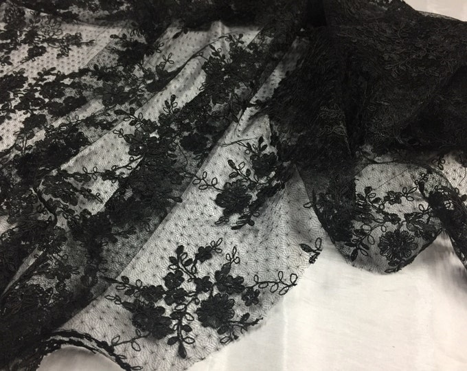 Sensational black flowers Embroider And Corded On a Polkadot Mesh Lace-prom-nightgown-decorations-dresses-sold by the yard.