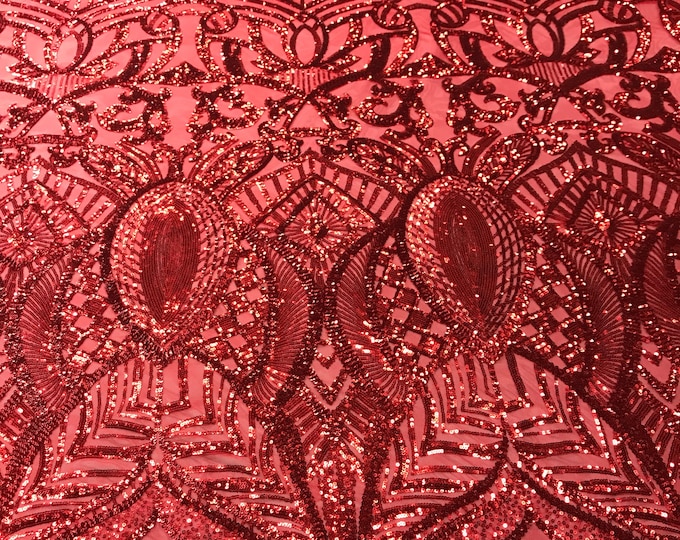 Red royalty design embroider with shiny sequins on a 4 way stretch power mesh-dresses-fashion-prom-nightgown-sold by the yard.