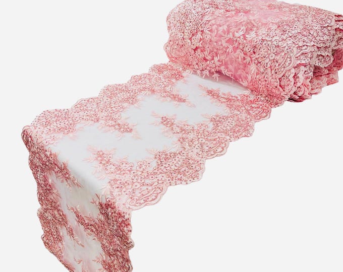 PINK 14"Wide  Sequins Gold Metallic Embroidered Lace on Mesh Fabric, Trim Lace, Table Runner. Sold By The Yard.