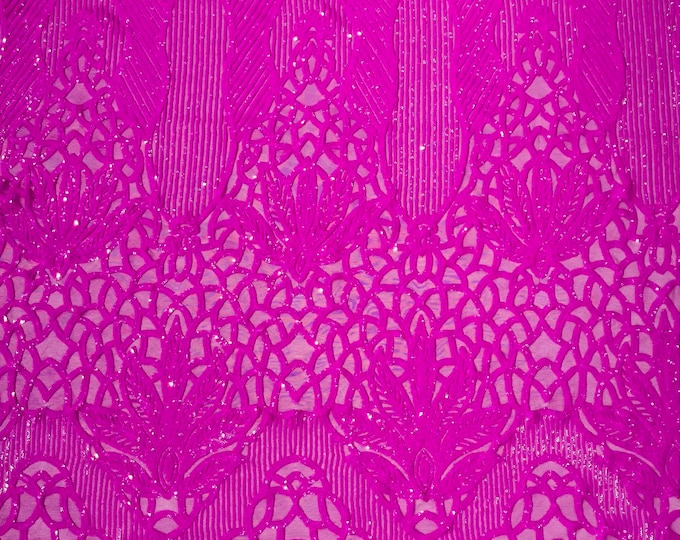 Magenta glossy floral damask sequin design on a 4 way stretch mesh-prom-sold by the yard.