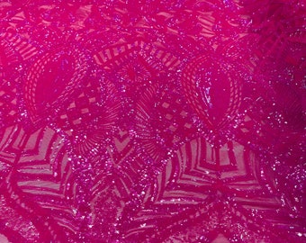 Neon pink Fuchsia iridescent royalty sequin design on a 4 way stretch mesh-prom-sold by the yard.