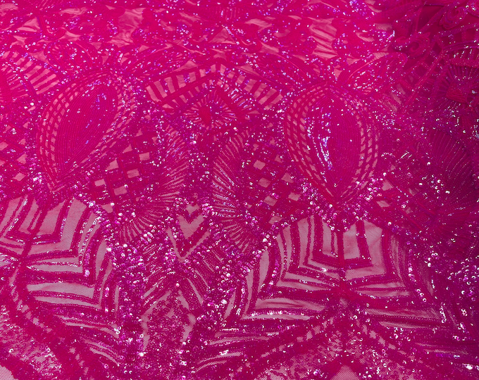 Neon pink Fuchsia iridescent royalty sequin design on a 4 way stretch mesh-prom-sold by the yard.