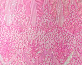 Candy Pink iridescent floral damask sequin design on a 4 way stretch mesh-prom-sold by the yard.