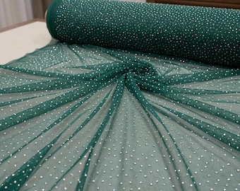 Hunter Green Rhinestone Mesh Fabric by the Yard Sheer Stretch Power Mesh AB Crystal for Dress Dancewear Costume DIY