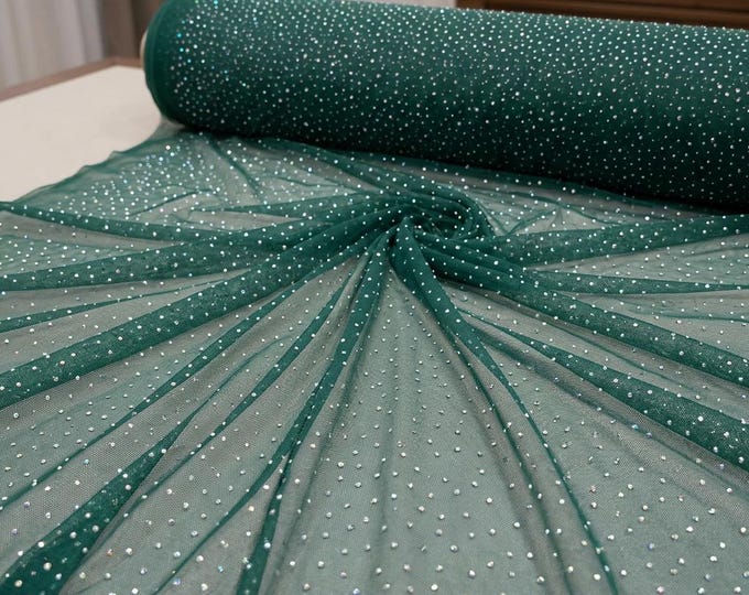 Hunter Green Rhinestone Mesh Fabric by the Yard Sheer Stretch Power Mesh AB Crystal for Dress Dancewear Costume DIY